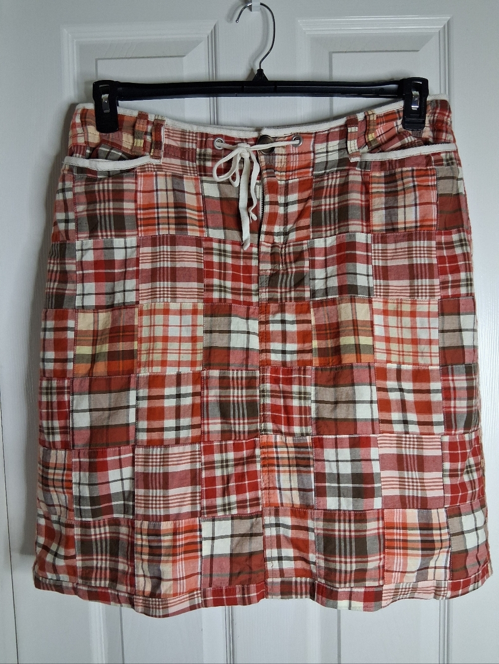 Vintage Liz Claiborn Plaid Patchwork Drawstring Skirt in Red and Brown SZ 14